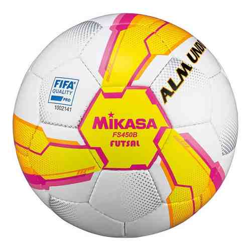 Мяч футзальный Mikasa FS450B-YP'', р.4, FIFA Quality Pro, 32 пан, гл.ПУ, руч.сш, бело-желто-розовый