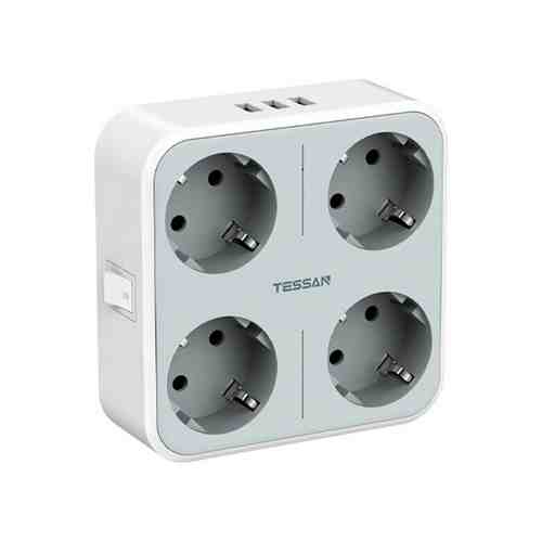 Сетевой фильтр TESSAN TS-302-DE с кнопкой питания на 4 розетки и 3 USB, Grey